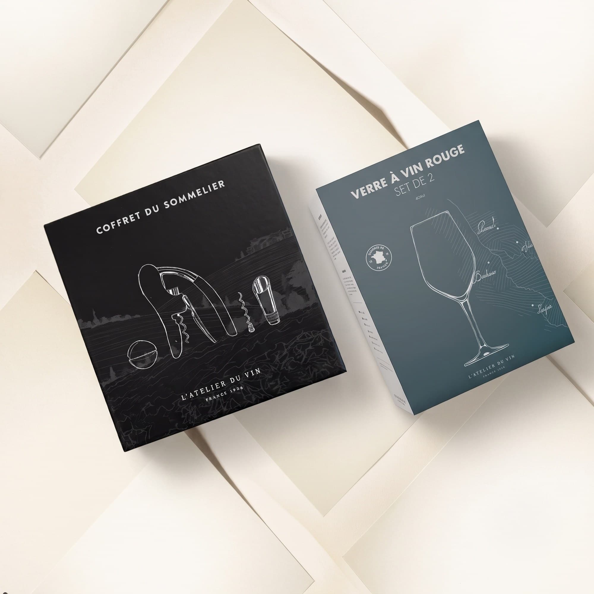 Coffret du sommelier et verre à vin rouge, packagings à plat