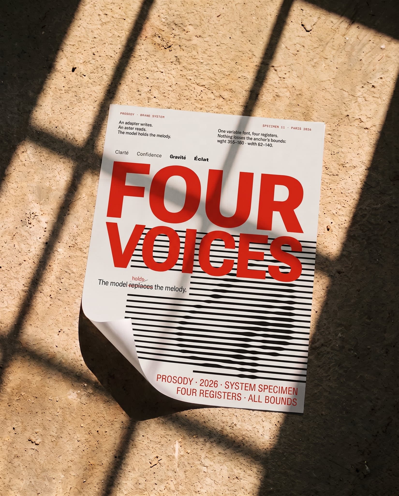 Affiche Four Voices au sol: le titre rouge sur le micro dessiné en bandes