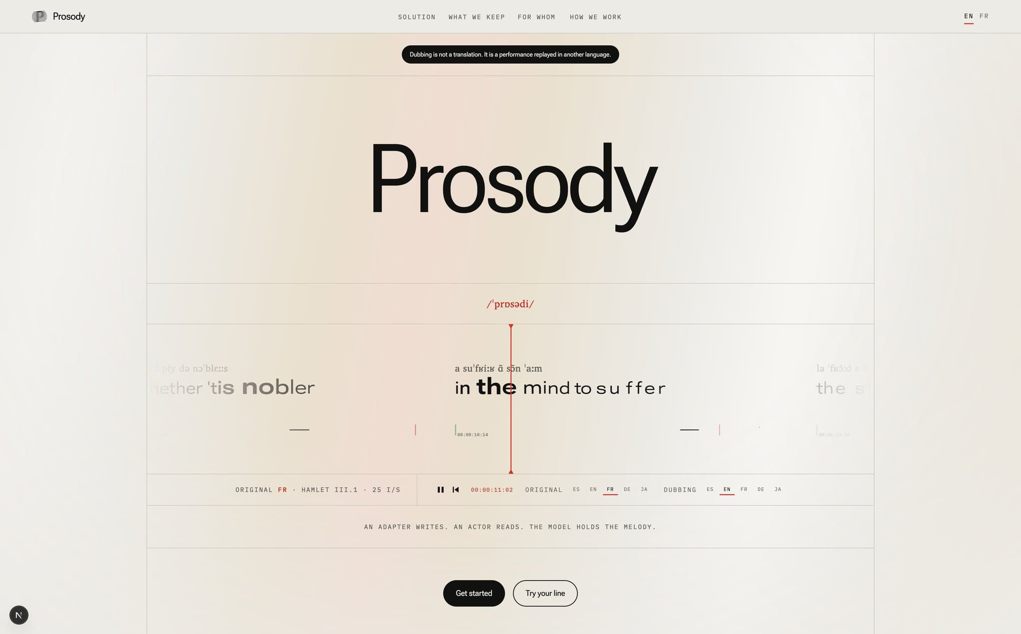 Page d'accueil de Prosody: le logotype, la phonétique et la bande rythmo en mouvement sous la barre de synchro rouge