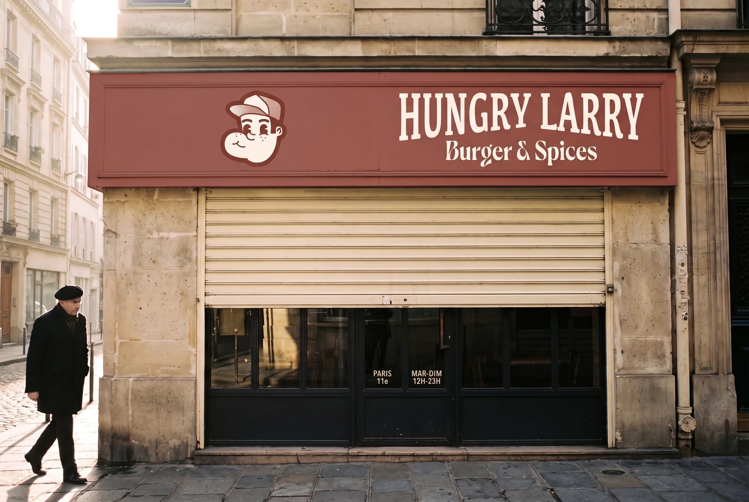 Devanture rue de Charonne: bandeau rouge brique, mascotte et logotype crème, rideau de fer à demi levé