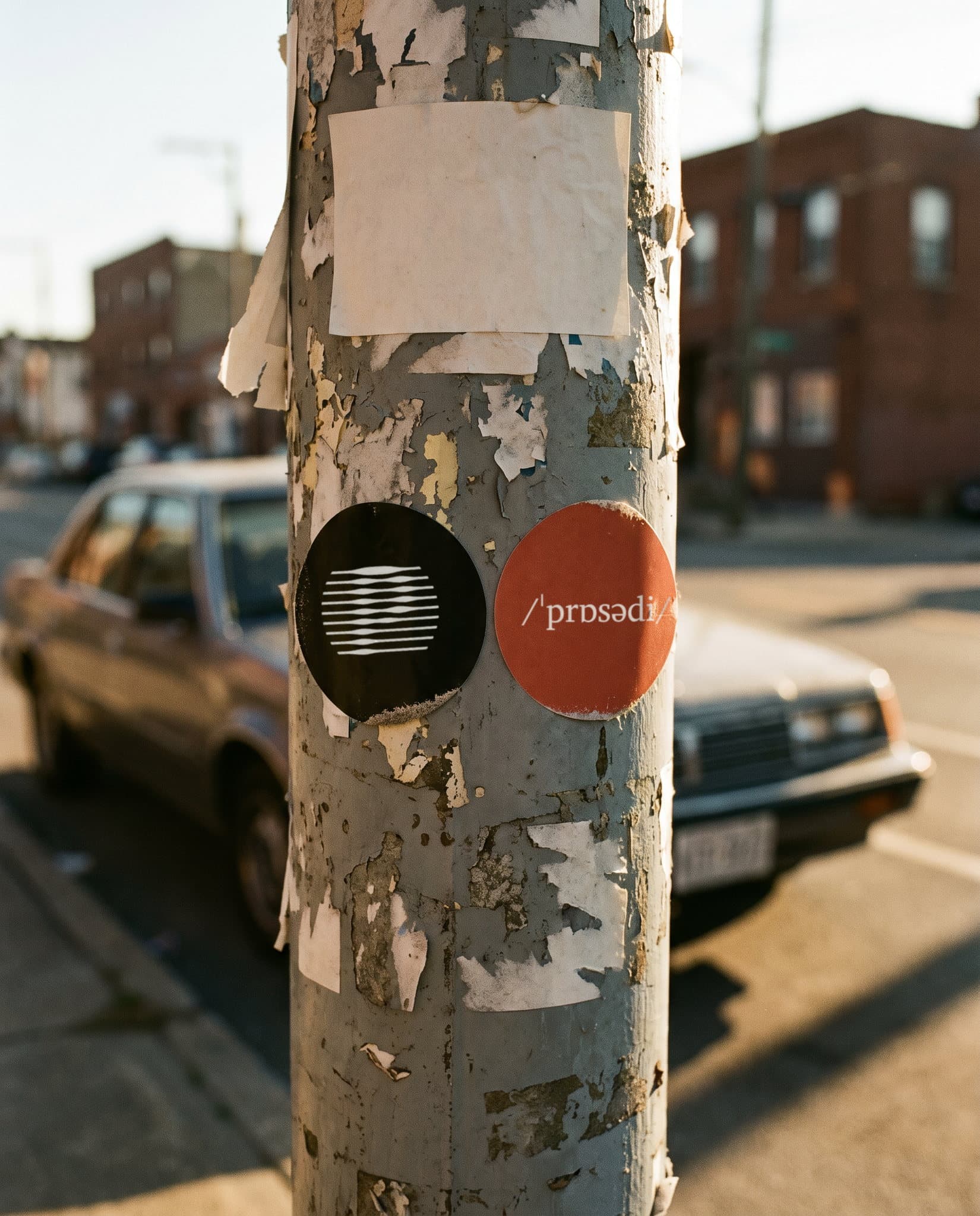 Deux stickers sur un poteau: monogramme et phonétique