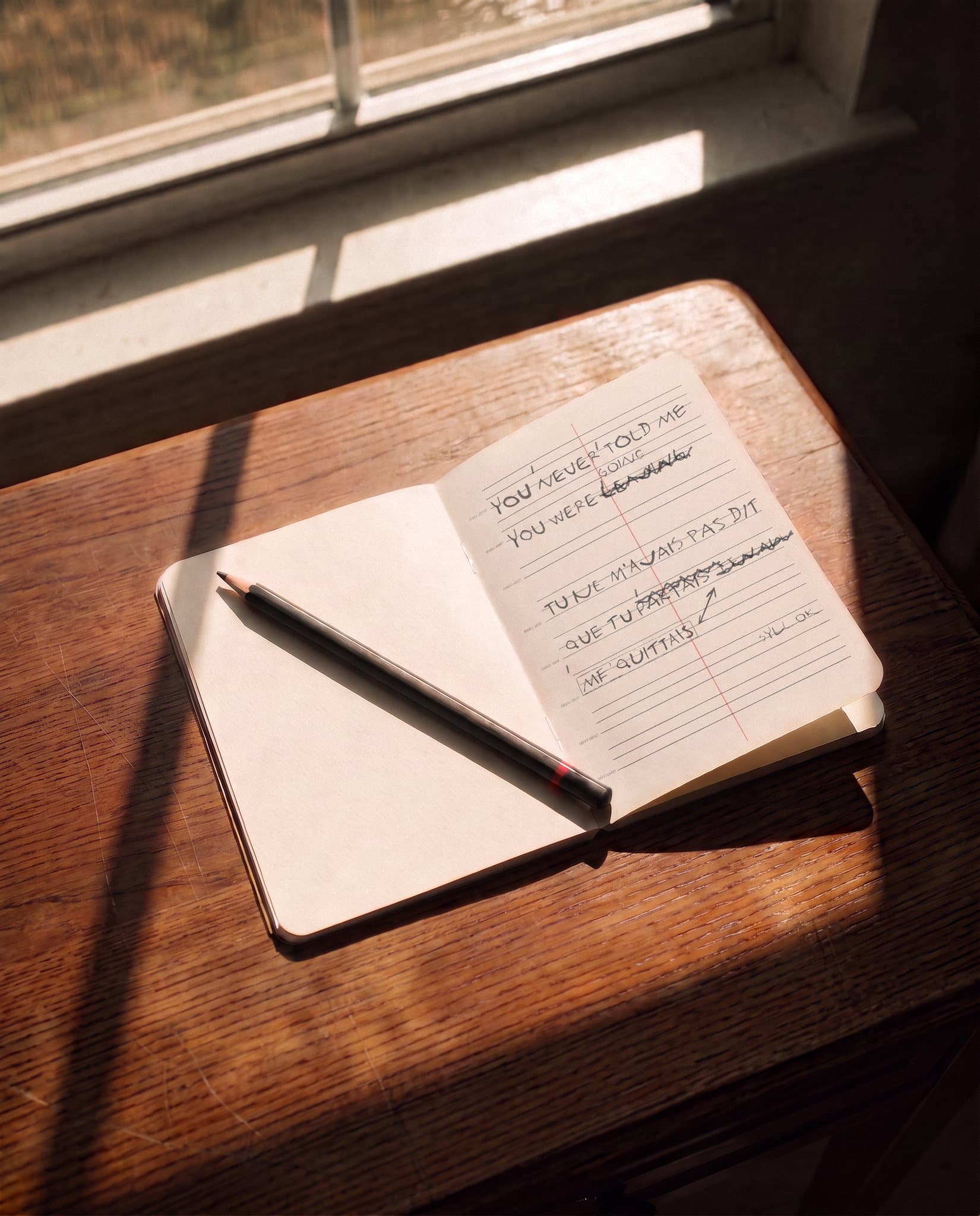 Carnet ouvert sur une page réglée comme la bande, brouillon d'adaptateur au crayon