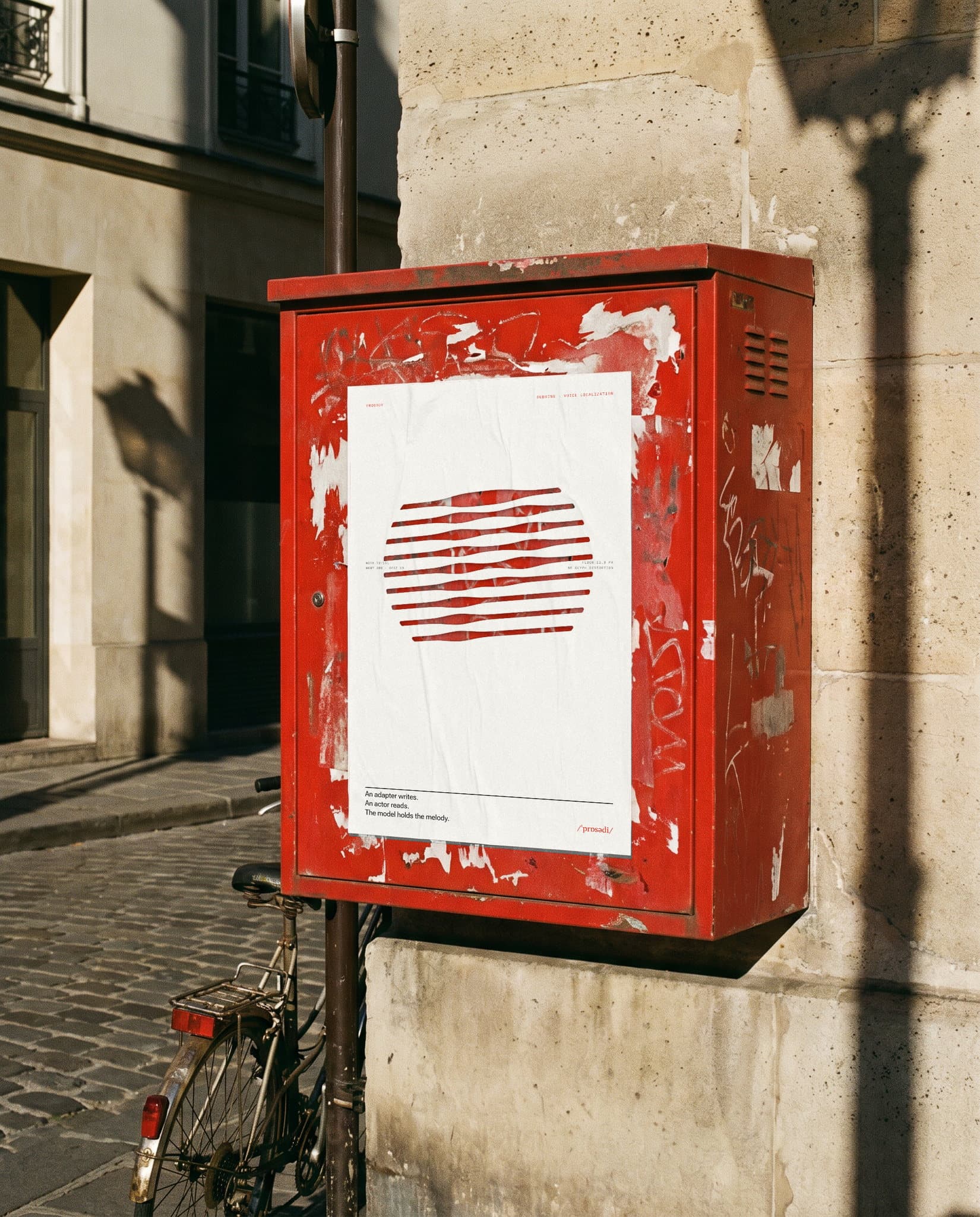 Affiche contre-forme: le monogramme découpé laisse voir le rouge du boîtier